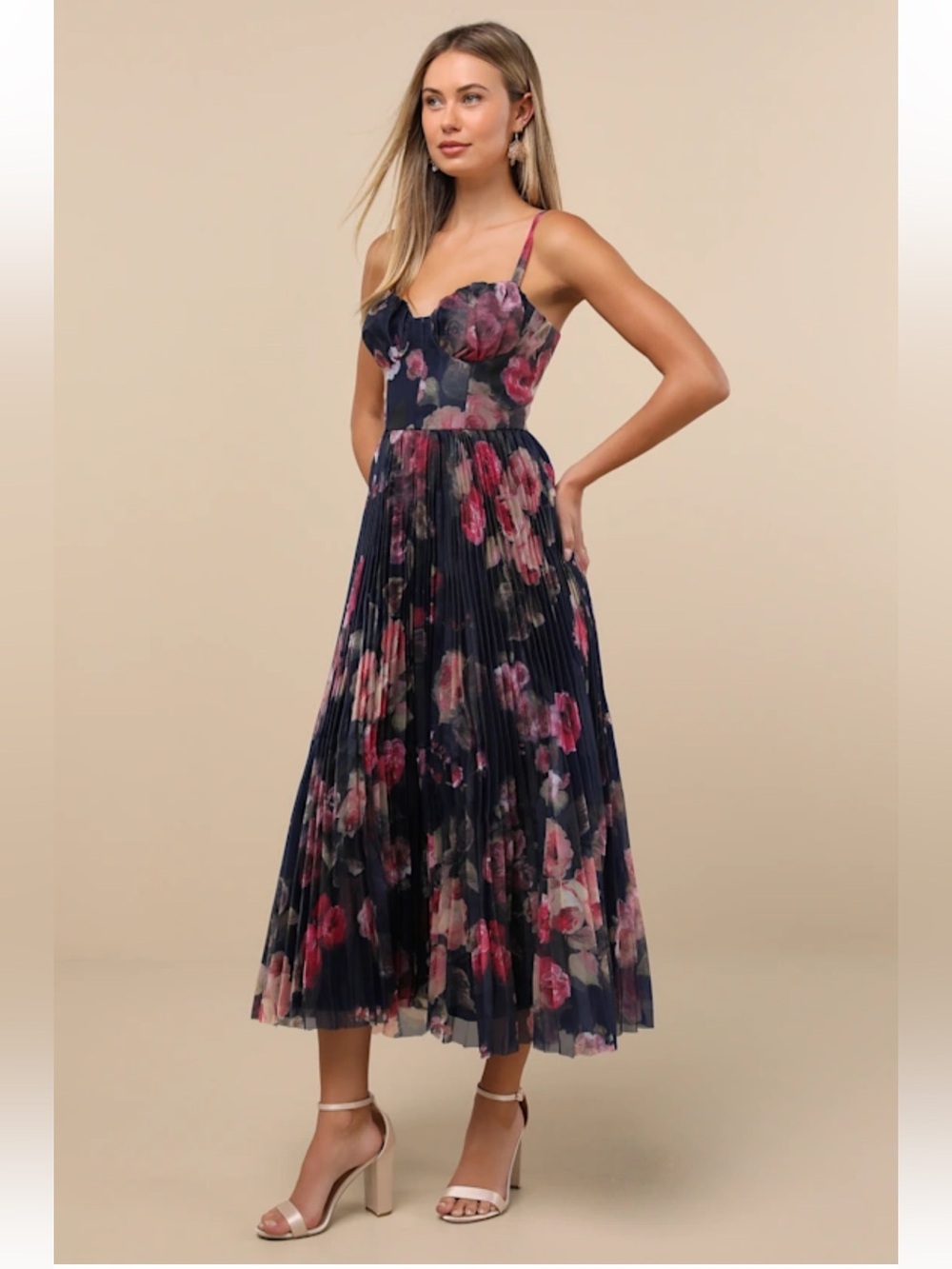 Lulu's Alluring Invite Midnight Blue Floral Pleated Bustier Midi Dress Size S - Picture 4 of 16